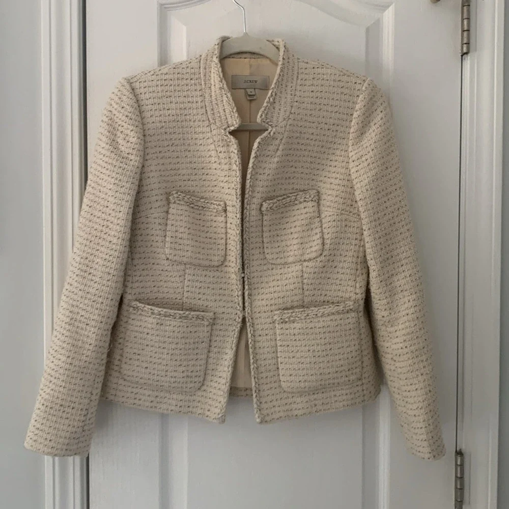 JCrew Tweed Blazer with Metallic Thread size 0 cream‎ beige classic elegant